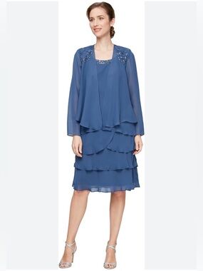 SLNY 2-Pc Chiffon Dress 18 Blue Wedgewood Beaded Tiered Jacket Formal Wedding